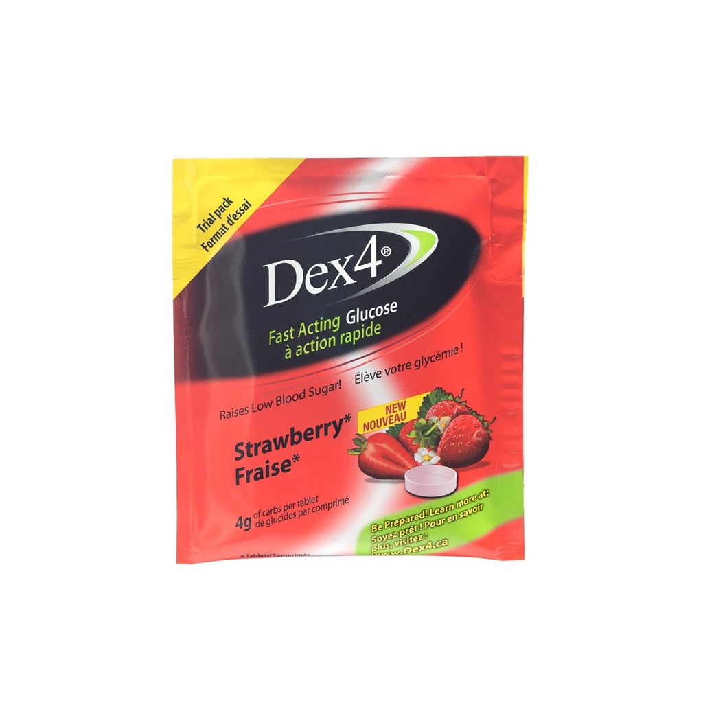 Dex4 Glucose Tablets, Fresa, 48 Paquetes de bolsillo individuales que contienen 4 Tabletas, Cada Tablet Contiene 4g de Carbs