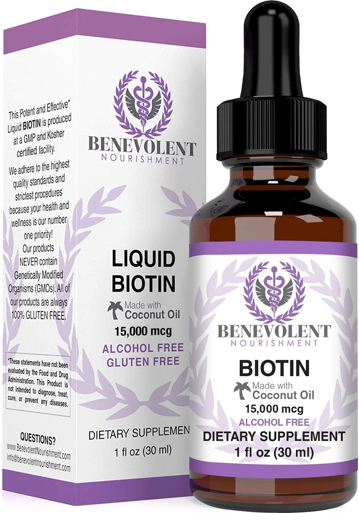 Benevolent Liquid Biotin 15000 mcg - Infundido con aceite de coco para 5X Absorción, no GMO & Vegan Friendly Biotin for Hair Growth Glowing Skin and Strong Nails