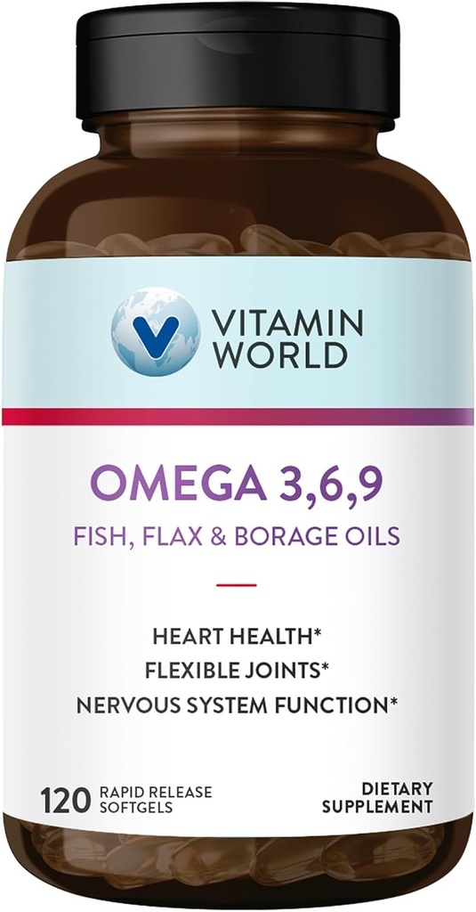 Vitamin World Triple Omega 3-6-9 3000mg with Fish, Flax, Borage & Evening Primrose Oils, Omega-3 Fatty Acids with EPA & DHA, Supports Heart, Brain & Immune Health, Gluten Free, 120 Softgels