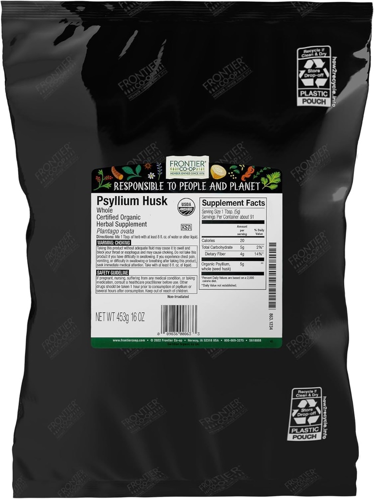 Frontier Co-op Organic Psyllium Husk 1lb - Whole Psyllium Husk, Organic & Kosher - Psyllium Husk Fiber for Baking, Psyllium Nutritional Supplement for Digestion, Psyllium Husk Powder Bulk