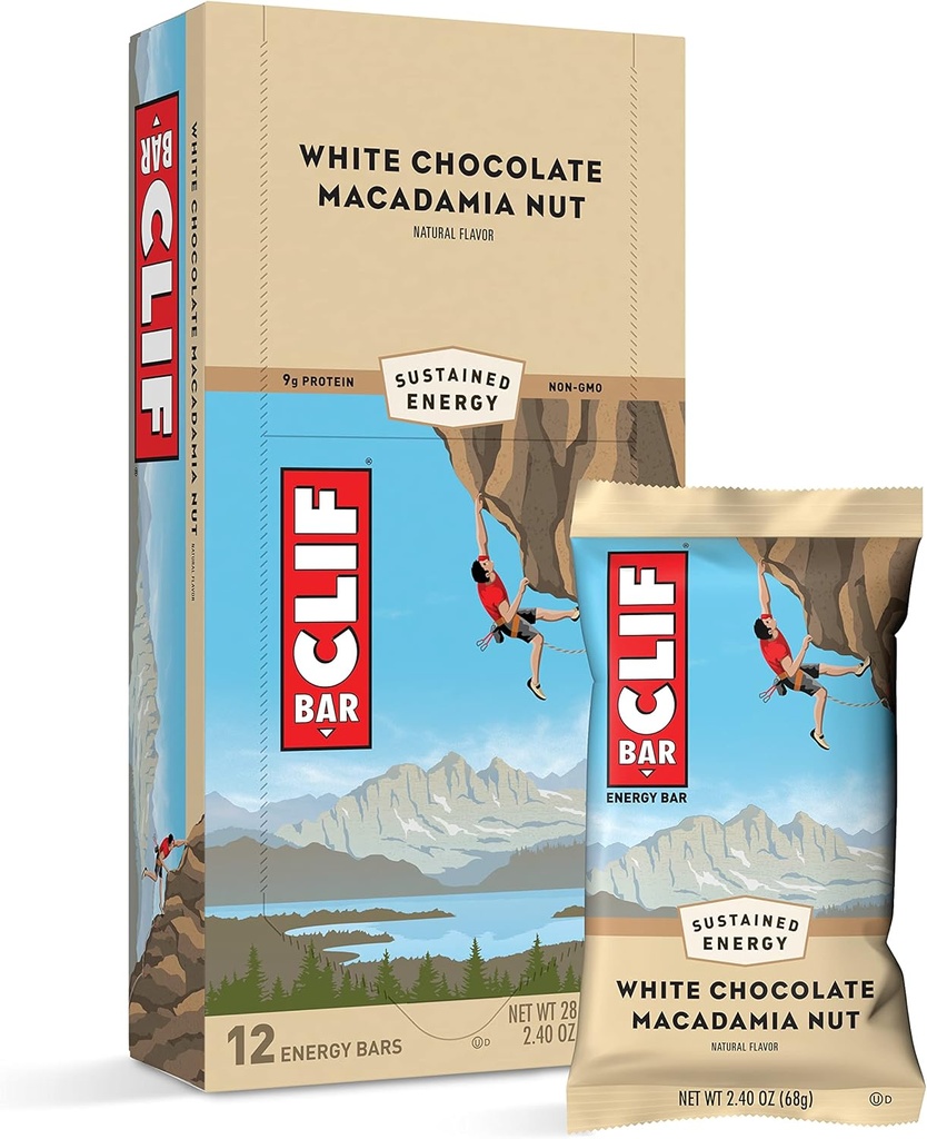 Bares Clif - Bares de energía - Chocolate blanco Macadamia Nut Flavor - Hecho con avenas orgánicas - Alimentación basada en plantas - Vegetariano - Kosher (2.4 Ounce Protein Bares, 12 Cuenta) Embalaje mayo Vary