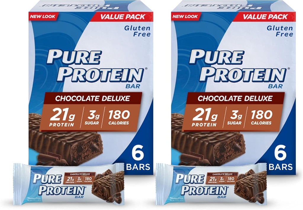 Pure Protein Bares, High Protein, Nutritious Snacks to Support Energy, Low Sugar, Gluten Free, Chocolate Deluxe, 6 Count (Pack of 2)