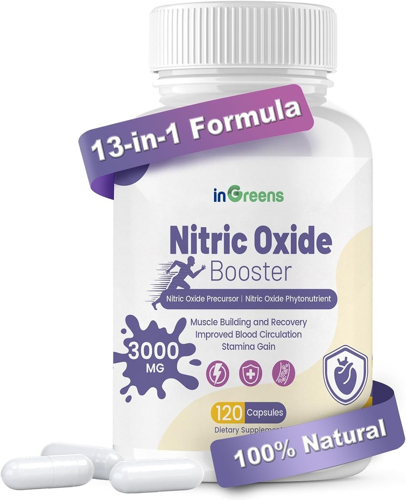 Suplementos de óxido nítrico para mujeres, 3000mg, 120 cápsulas - 13-in-1 Booster de óxido nítrico para el crecimiento muscular, salud cardíaca, energía y circulación - No GMO, libre de gluten