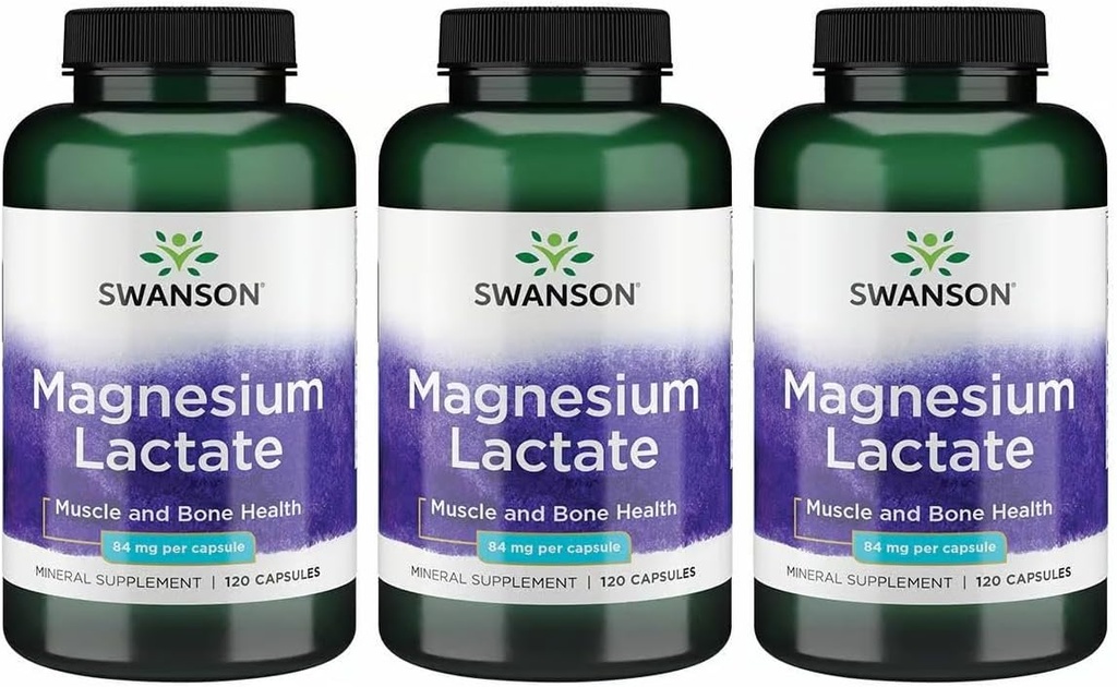 Lactato de magnesio Swanson - Suplemento Mineral Promoción de la Salud Musculo y Hueso - Forma Mineral Lactada Libre de Lactosa para Absorción Gentil - (120 cápsulas, 84 mg cada uno) 3 Pack