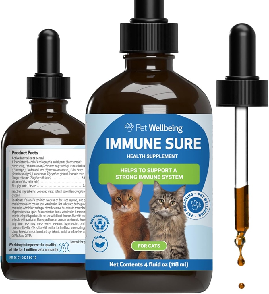 Pet Wellbeing Immune Seguro para gatos - Soportes Normal Immune Defenses, Gut Flora Balance, Andrographis, Echinacea, Vitamina C, Zinc - Veterinaria-Formulated Herbal Suplemento 4 oz (118 ml)