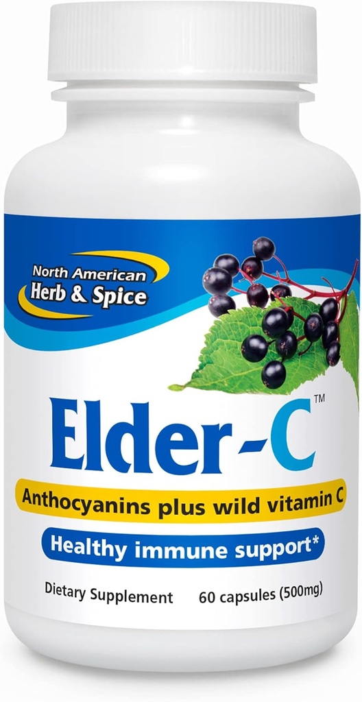 NORTH AMERICAN HERB &amp; SPICE Elder-C - 60 cápsulas - Elderberry Concentrate - Immune Support, Healthy Respiratory Response - Contains Oreganol P73 - Non-GMO, Gluten Free - 30 Servings