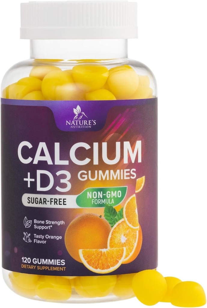 Calcio Suplemento Gummies - Azúcar Calcio Libre Gummy con 400 UI Vitamina D3 para la mejor absorción - Apoyos Salud Inmune, Huesos y Dientes - Vacaciones de Calcio de la Naturaleza para Hombres Mujer - 120 Gummies