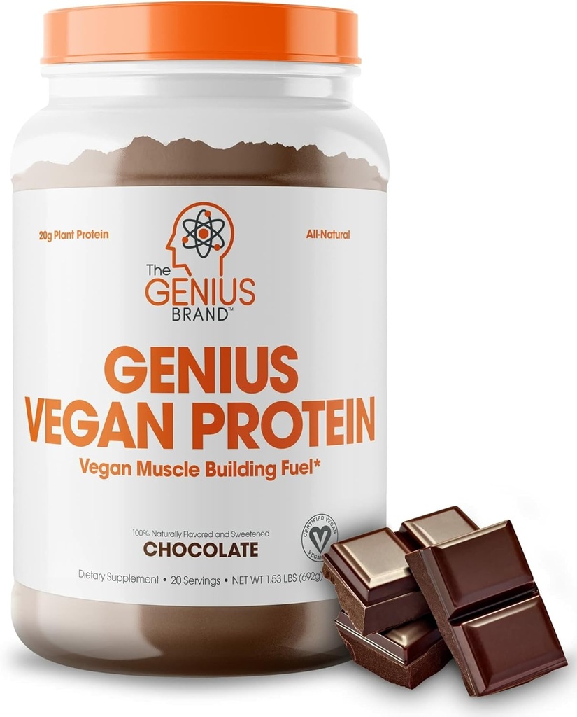 Genius Vegan Protein Powder, Chocolate - Plant-Based Lean Muscle Building Shake for Men &amp; Women - Pea & Pumpkin Protein Sources - Naturally Flavored & Sweetened - Dairy & Lactose Free