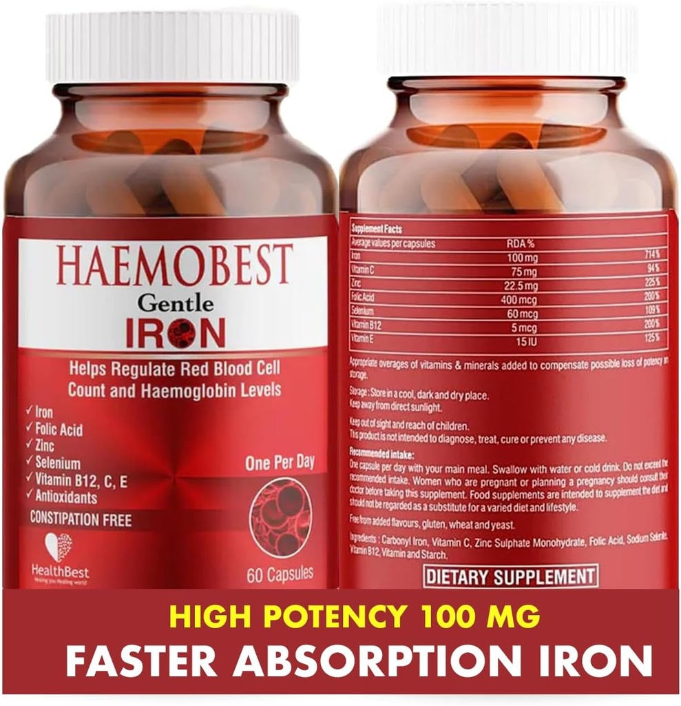 HealthBest High Potency Gentle Iron Capsules 100mg |Slow Release Iron for Faster Absorption, Non-Constipating| Vitamin C, B12, Folate Zinc & Selenium for Anemia, Hemoglobin & Immune Support |60 Count