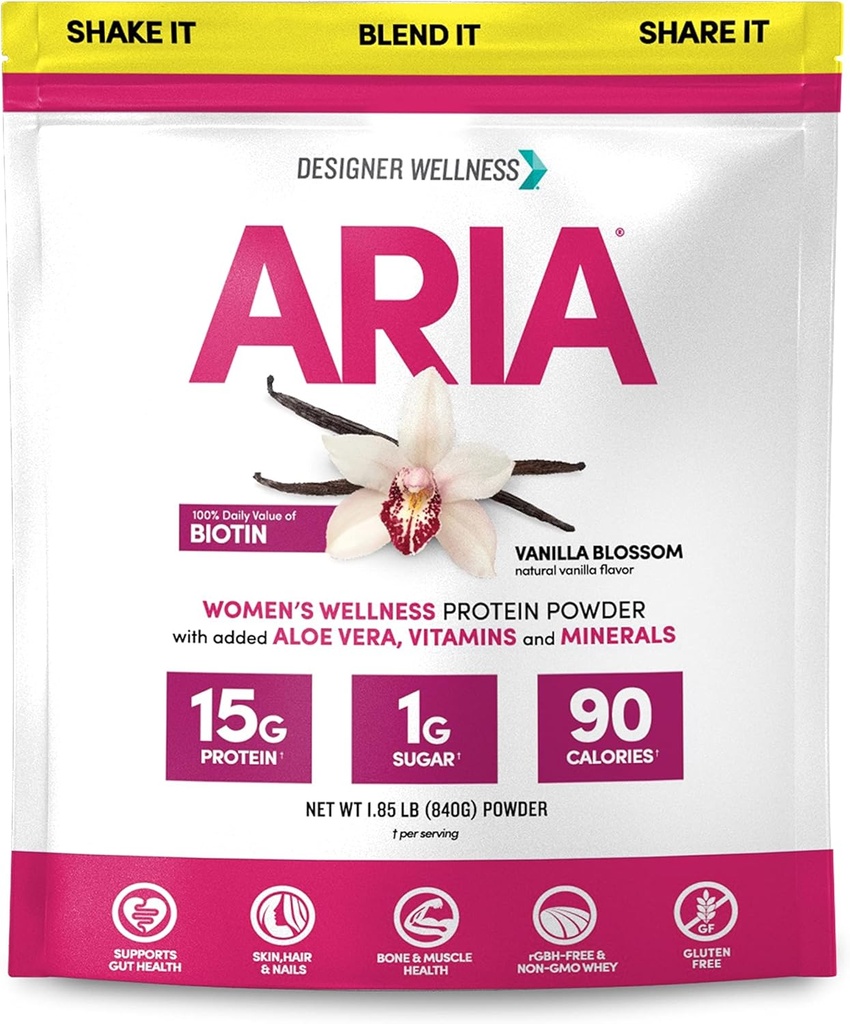 Designer Wellness, Aria, Women's Wellness Low Calorie Vanilla Protein Powder with Biotin, Vitamina C and Organic Aloe, Vanilla Blossom, 1.85 Libra