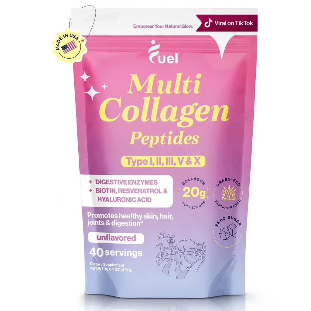 Péptidos multi colágeno de combustible Polvo – 20g Collagen hidrolizado I, II, III, V &amp; X para el cabello, piel, uñas &amp; soporte conjunto – mejor absorción – Keto & Gluten libre, desarmado 9.31oz