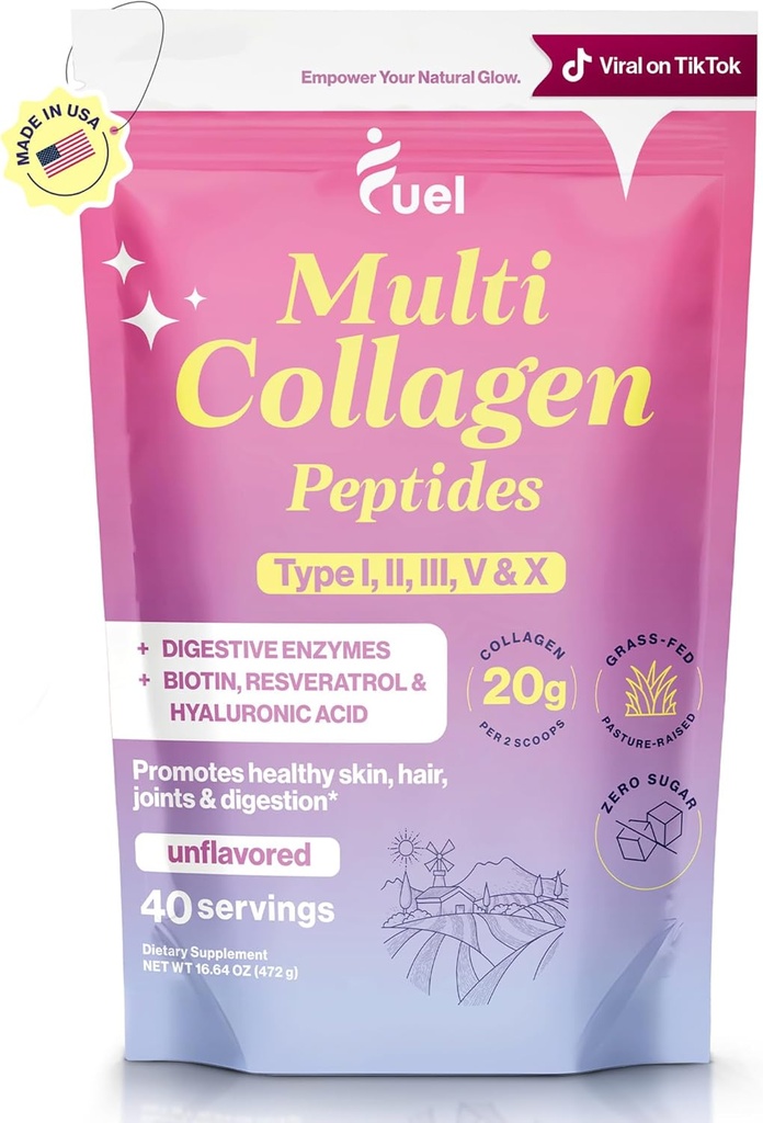 Péptidos multi colágeno de combustible Polvo – 20g Collagen hidrolizado I, II, III, V &amp; X para el cabello, piel, uñas &amp; soporte conjunto – mejor absorción – Keto & Gluten libre, desarmado 9.31oz