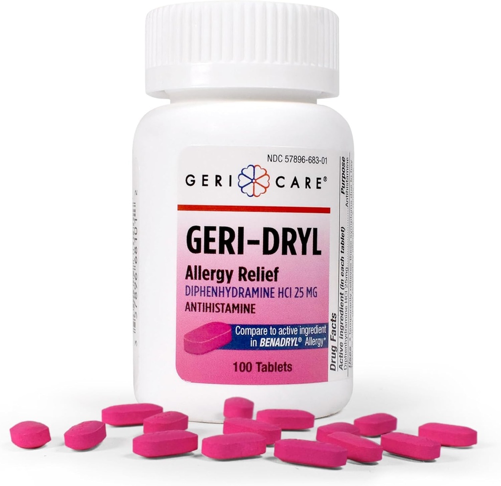 Geri-Dryl Allergy Relief Tablets (100 Conde) de GeriCare sometida Diphenhydramine HCI 25mg Antihistamine Tablets for Sneezing, Runny Nose, Itchy Throats > Eyes sobre la medicina antialérgica para adultos y niños