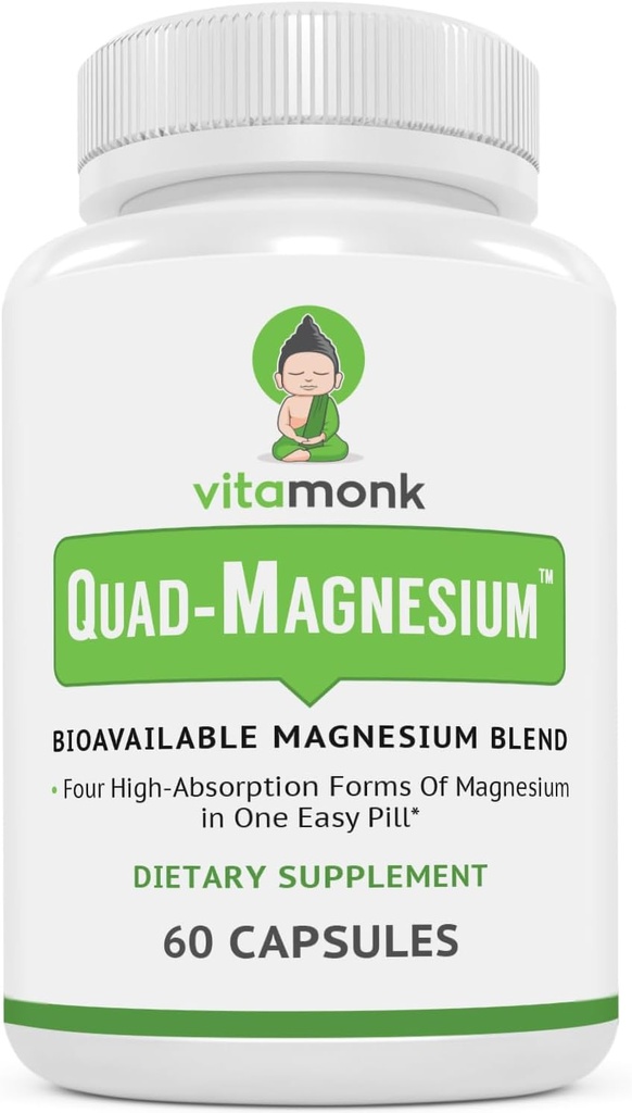 Quad Magnesium Blend de Vitamonk - con Magnesium Orotate, Glycinate Chelate, Magnesium Taurate y Di- Magnesium Malate - Complejo de Magnesio de alta absorción para el sueño, el corazón y el mood