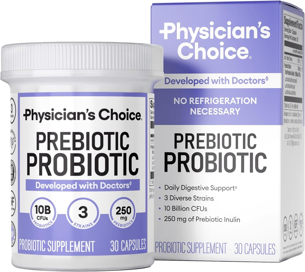 Prebiótico-probiótico de la CHOICE de Physician - Probióticos multi-estrés y prebióticos sinérgicos -Designado para la salud digestiva, apoyo al microbioma de Gut - potente preprofesional para la salud de Gut - para hombres y mujeres