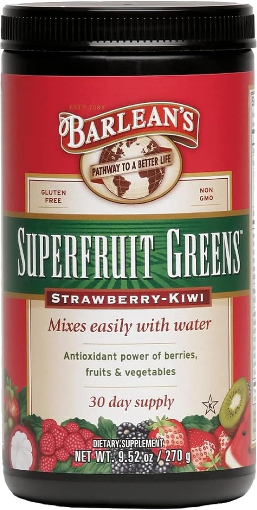 Barlean Superfruit Greens Powder Con Antioxidante Potencia de bayas, frutas y verduras – Strawberry Kiwi Flavor - Vegan, No Gluten-Free - 9.52 oz