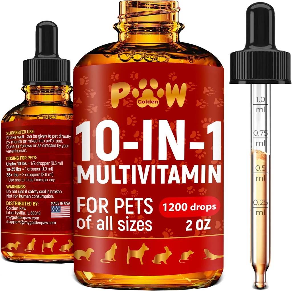Cat Multivitamínico – Vitaminas B, C y D3 en forma líquida – 10 en 1 Vitaminas y Suplementos para perros para ayudar con alergias e infecciones – Vitaminas para el cuidado de la piel y la carne – Glucosamina para las articulaciones de HIPS – 2 Oz