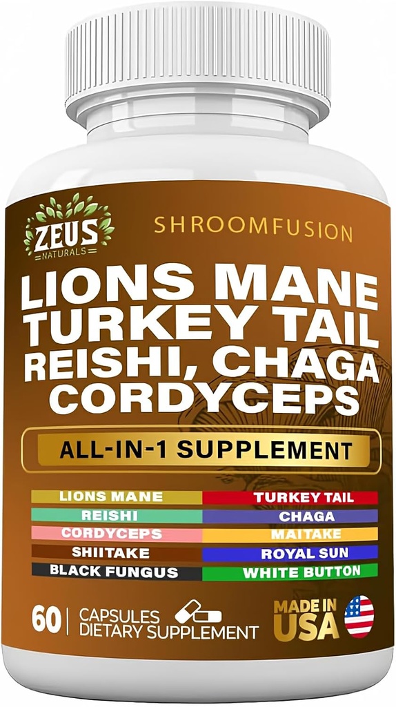 Lions Mane 300mg Turquía Tail 2000mg Cordyceps Chaga 1000mg Reishi 1000mg Maitake Meshima Poria Cocos Shiitake Oyster Porcini Enoki Mushroom Suplemento (60Ct)