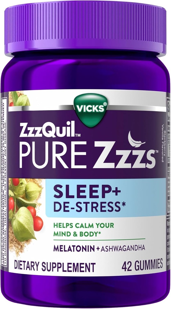 ZzzQuil PURE Zzzs De-Stress Melatonin Sleep Aid Gummies, Helps Calm Your Mind and Body, Ashwagandha for Stress Support, Sleep Aids for Adults, 1 mg por gummy, 42 Count
