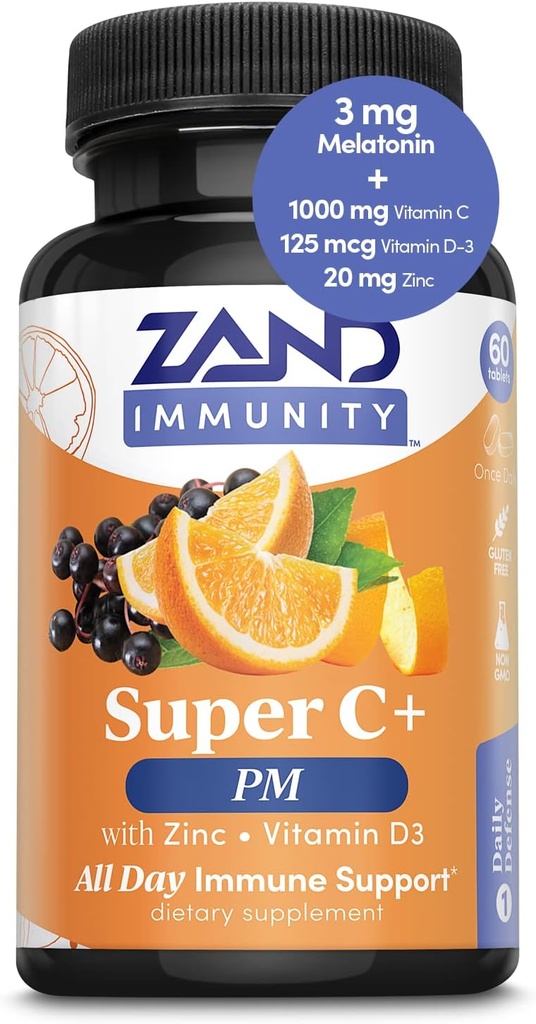 Zand Immunity Super C+ PM, Nighttime Immune Support Plus Melatonin, 1000mg PureWay-C Vitamin C, Zinc, D3 &amp; Elderberry, Enhanced Absorption - 60 Tablets, 30 Servings