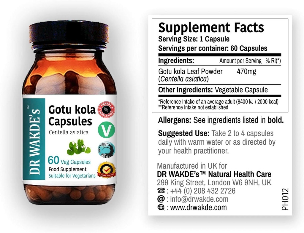 DR WAKDE'S Gotu kola Capsules (Mandukparni, Centella asciatia, 60 Veg Caps, Suplemento de base vegetal, hierba ayurvédica, todo natural, vegano)