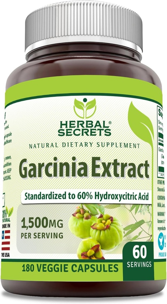 Herbal Secrets Garcinia Extract Supplement TEN1500 Milligrams TEN 180 Veggie Capsules ← Non-GMO ANTE Gluten-Free TEN Made in USA