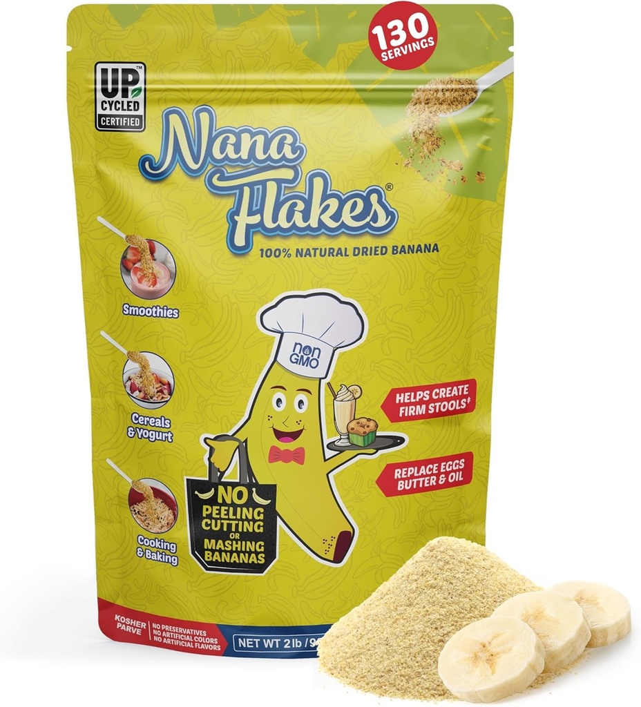 Diseños Nutricionales Nana Flakes 100% Natural Banana Powder, Apoyo Digestivo - Fuente de Potasio & Fiber - Sustituto para Huevos, Butter o Petróleo en Baking (2LB Bag)