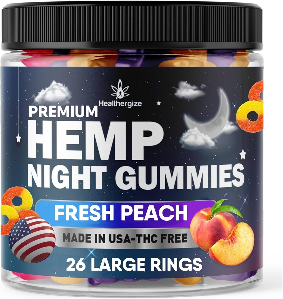 Hemp Gummies Night Time, High Potency Nap Gummies, Peace and Relaxation, Peach Ring Gummy Bear Edibles, Good Mood, Calm Bedtime-Gomitas para Dormir, Natural Hemp Oil-Made in USA