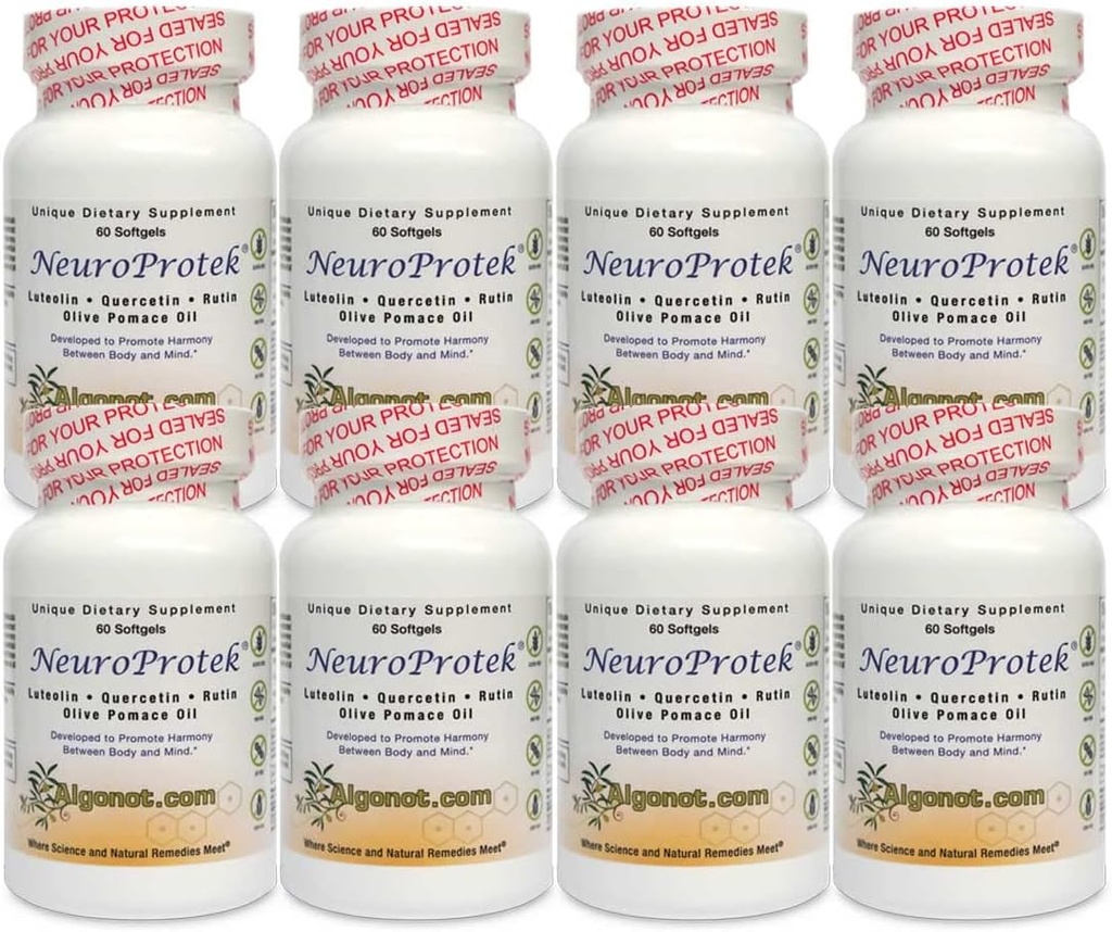 Algonot NeuroProtek 8 Pack: Los únicos productos de luteolina liposomal que usan aceite de aceite de oliva. Combinación de Luteolina, quercetina " Rutina en aceite de oliva de arroz (Azcla de precio reducido)