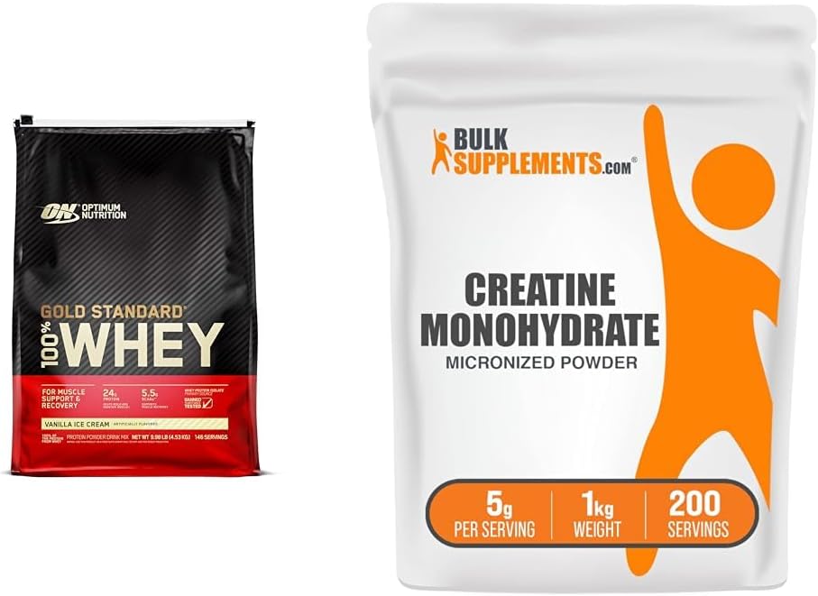 Optimum Nutrition Gold Standard 100% Whey Protein Powder, Vanilla Ice Cream, 10 libras (Packaging May Vary) & BulkSupplements Micronized Creatine Monohydrate Powder (1 Kilogram)