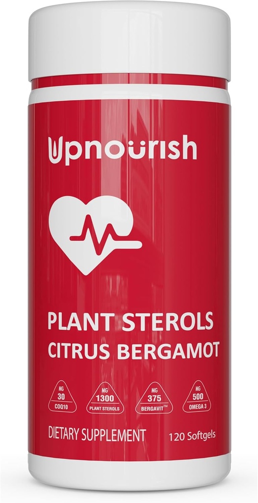 Planta alta Sterols Citrus Suplemento Bérgamo con CoQ10, Omega 3, Hoja de oliva, Curcumina Turmérica, Ajo Negro y Niacina - 120 Softgels