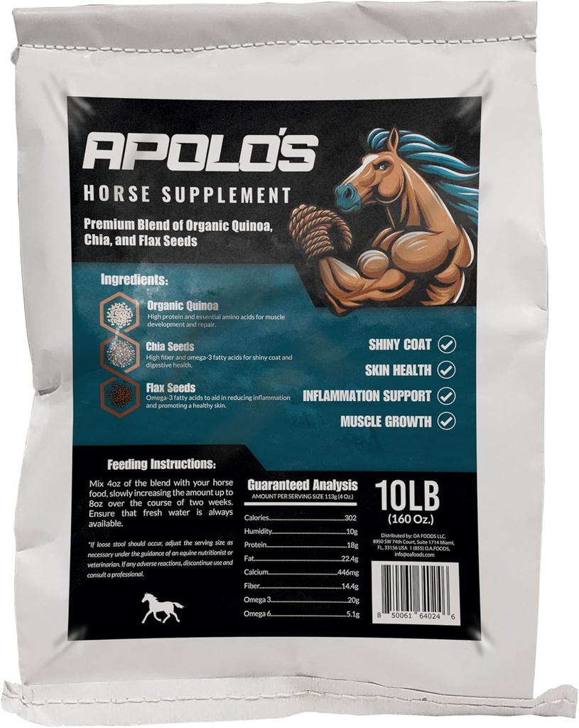 Greenfit APOLO'S 100% Natural Horse Supplement for Daily Feeding – Joint Support, Coat Shine & Strength ← Flaxseed, Quinoa, Chia ← 10 LB Bag