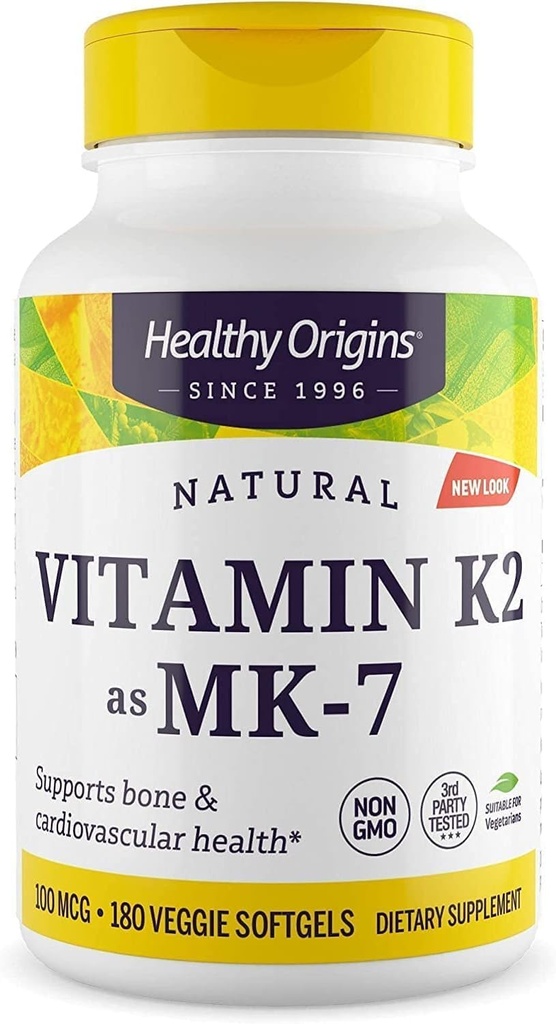 Orígenes saludables Vitamina K2 100 mcg (MK-7, no GMO, Gluten Free, Cardiovascaular Support, Bone Support), 180 Gels Veggie