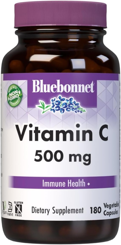 Bluebonnet Nutrition Vitamina C 500 mg Cápsulas vegetales, ácido ascórbico, para la salud inmune y la salud de la piel, vegano, vegetariano, no GMO, libre de gluten, libre de soja, libre de leche, Kosher, 180 cápsulas vegetales