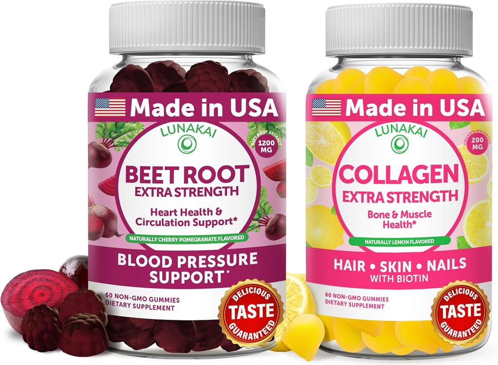 Lunakai Beet Root and Collagen Gummies Bundle 200mg Hidrolyzed Collagen Gummies for Women and Men with Biotin, Zinc, Vitamin C and E - Non-GMO Anti Aging