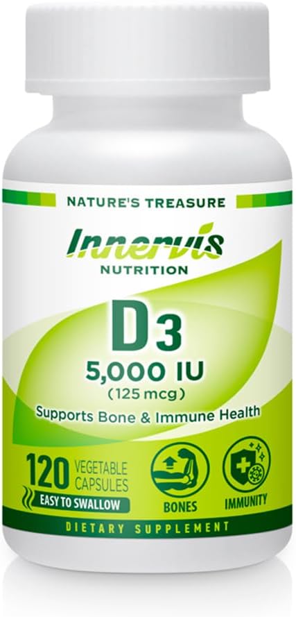 Alta Potencia Vitamina D3 5000 UI – Boost Immune, Soporte Bono & dientes, Fácil de Tragar 120 Capsules Veg