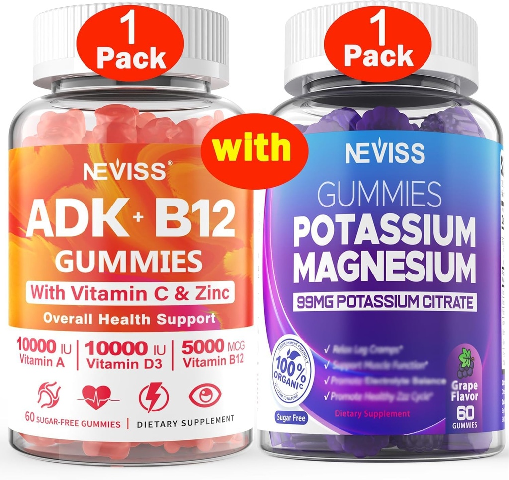 NEVISS 1Pack Vitamina ADK con B12 + 1Pack Potasio Magnesio Gummies