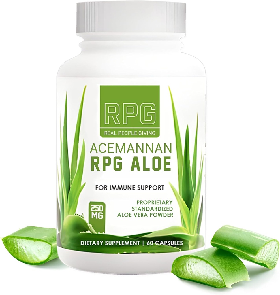 RPG Acemannan Aloe Vera Capsules - Aloevera Dietary Supplement with Immune and Gut Support Aloe Vera Powder Capsule - 60 Pills (250 MG)