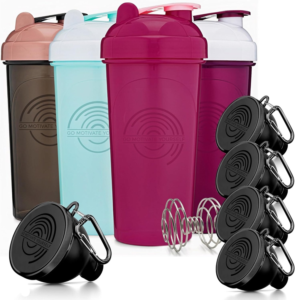 GOMOYO Fitness Bundle - 4-Pack Shaker Botellas con Agitator + 5-Pack Funnels Protein con Carabiner, BPA-Free &amp; Dishwasher Safe