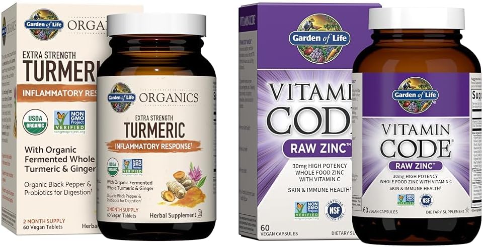 Jardín de Vida Turmérica Respuesta inflamatoria 60 Tablas 100 mg Curcumina & Zinc Suplementos 30 mg Potencia alta para la salud inmune