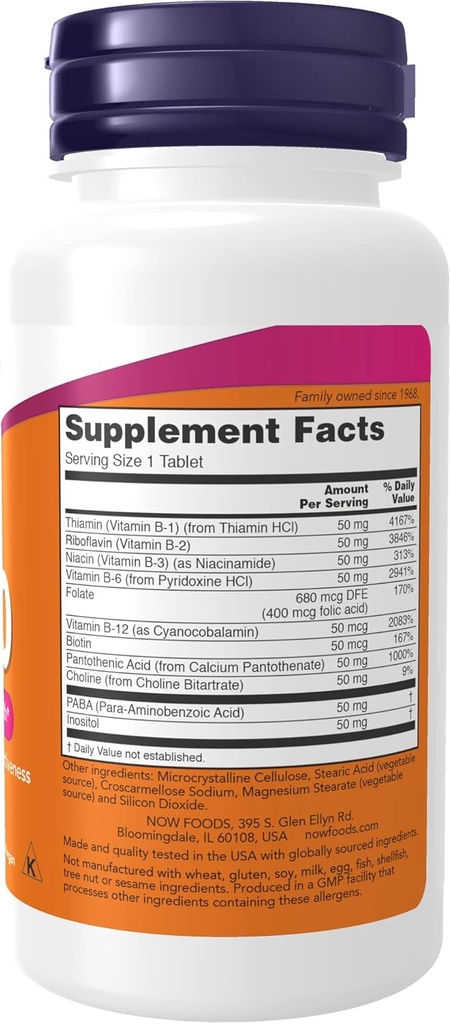 AHORA Suplementos, vitamina B-50 mg, producción de energía*, salud del sistema nervioso*, 100 tabletas (Pack of 2)