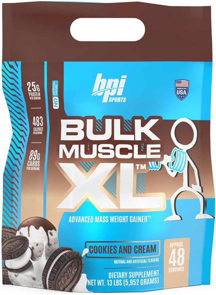 BPI Sports Bulk Muscle XL - Advanced Mass Weight Gainer for Serious Muscle Building " Recovery, 25g Protein " 497 Calories Por Serving - Chocolate, 13lb Bag (13lb, Cookies y Crema)