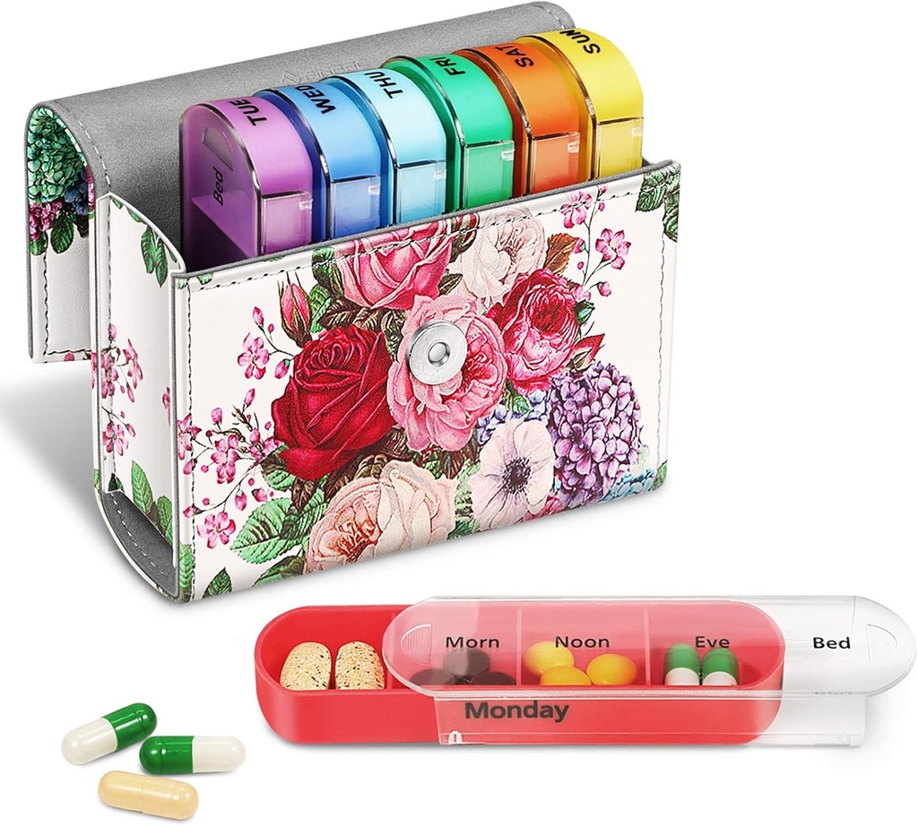 FINPAC Organizadores semanales de píldoras 4 veces al día, diapositivas Open PU Leather Case Travel Pill Vitamin Medicine Recordatorio y planificador con nombre Tarjeta para la mañana por la tarde.