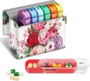 FINPAC Organizadores semanales de píldoras 4 veces al día, diapositivas Open PU Leather Case Travel Pill Vitamin Medicine Recordatorio y planificador con nombre Tarjeta para la mañana por la tarde.