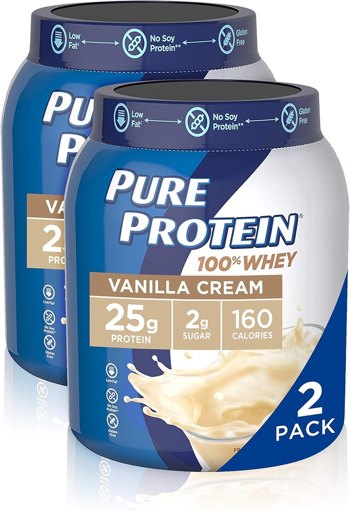 Whey Protein Powder by Pure Protein, Gluten Free, Vanilla Cream, 1,75lbs, 2 Pack