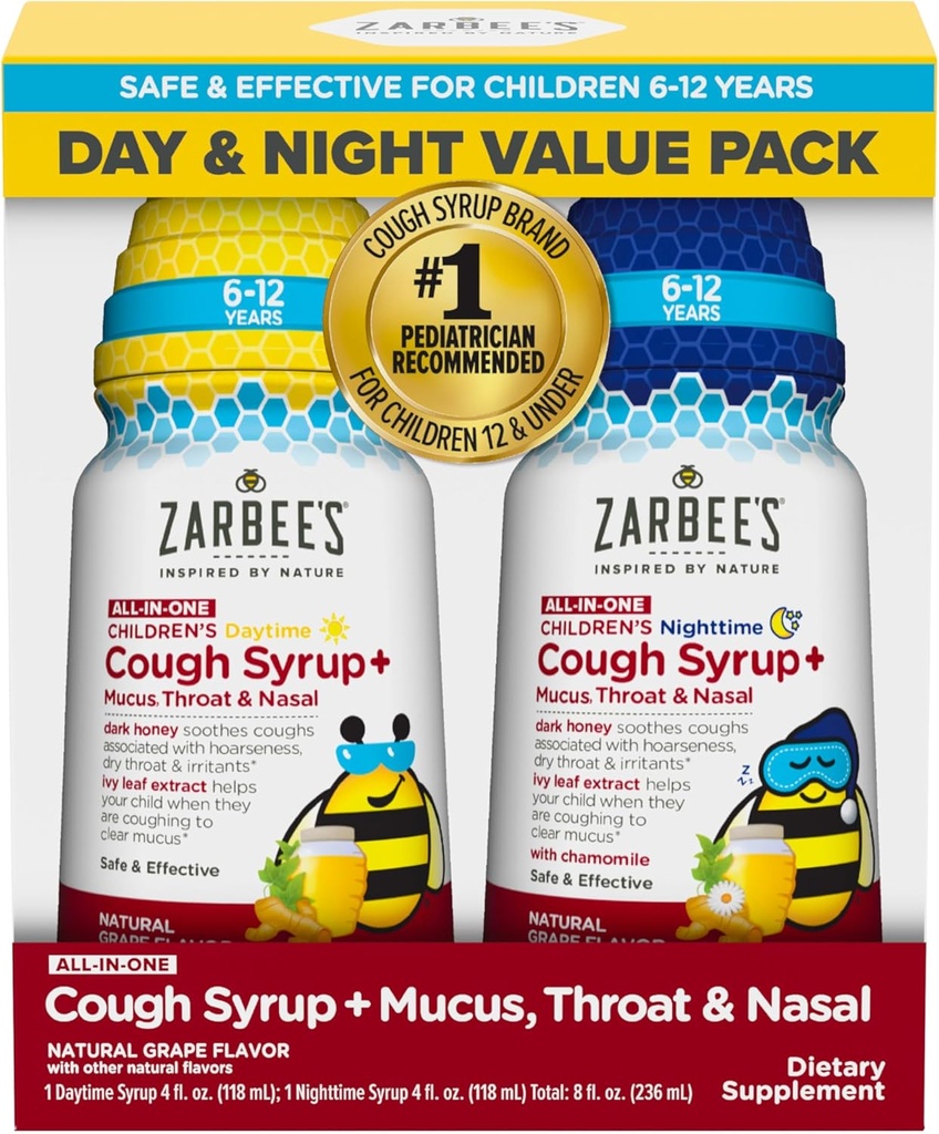 Zarbee's Children's All-in-One Honey Cough Syrup + Mucus, Throat " Nasal Day " Night Value Two Pack for Kids 6-12 + Dark Honey, Ivy Leaf Extract, Zinc Turmeric Root " B-Vitamins, Grape, 2 x 4 fl. Oz