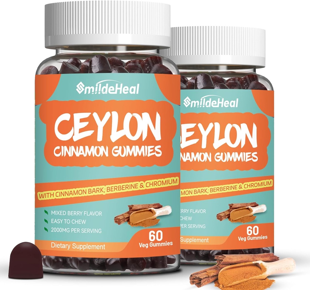 2 Pack Sugar Sin Ceilón Gummies de canela 2000MG, Suplemento de canela con cromo y corteza de canela, Vegan, No GMO, Gluten Free,120 Gummies