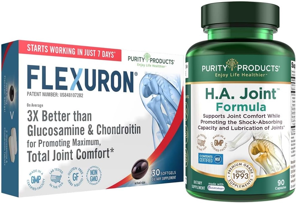 Purity Products Flexuron Joint Formula + H.A. Joint Flexuron (Krill Oil, Low Molecular Weight Hyaluronic Acid, Astaxanthin) - HA Joint (BioCell Collagen, Boswellia Serrata, Quercetin, H.A. + Más)