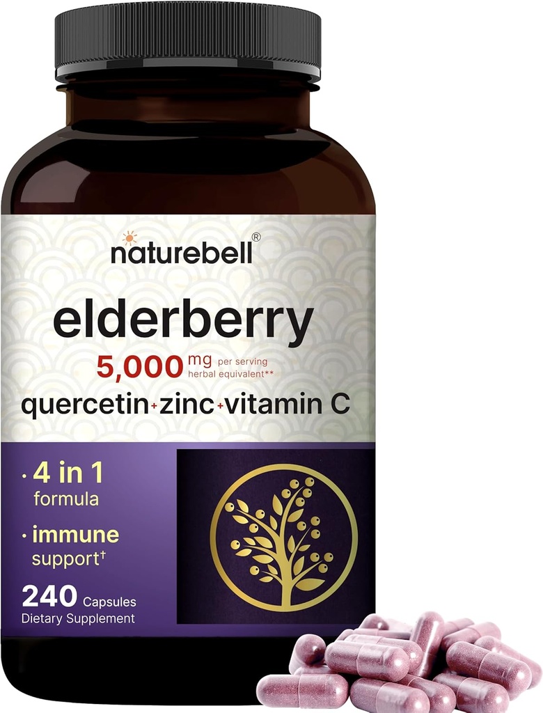 NatureBell Sambucus Elderberry Capsules, 5000mg Per Serving with Quercetin 500mg, Vitamin C and Zinc, 240 Count | European Black Elderberry Fruit Extract – 4 in 1 Immune Support Supplements