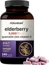 NatureBell Sambucus Elderberry Capsules, 5000mg Por Serving with Quercetin 500mg, Vitamina C y Zinc, 240 Contar ANTERI European Black Elderberry Fruit Extract – 4 en 1 Immune Support Suplementos